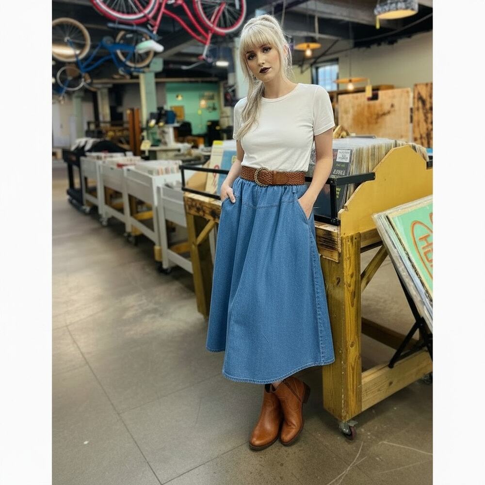 Vintage 90s Denim Midi Skirt, Blue Cotton Skirt, Midi Skirt Size 2X